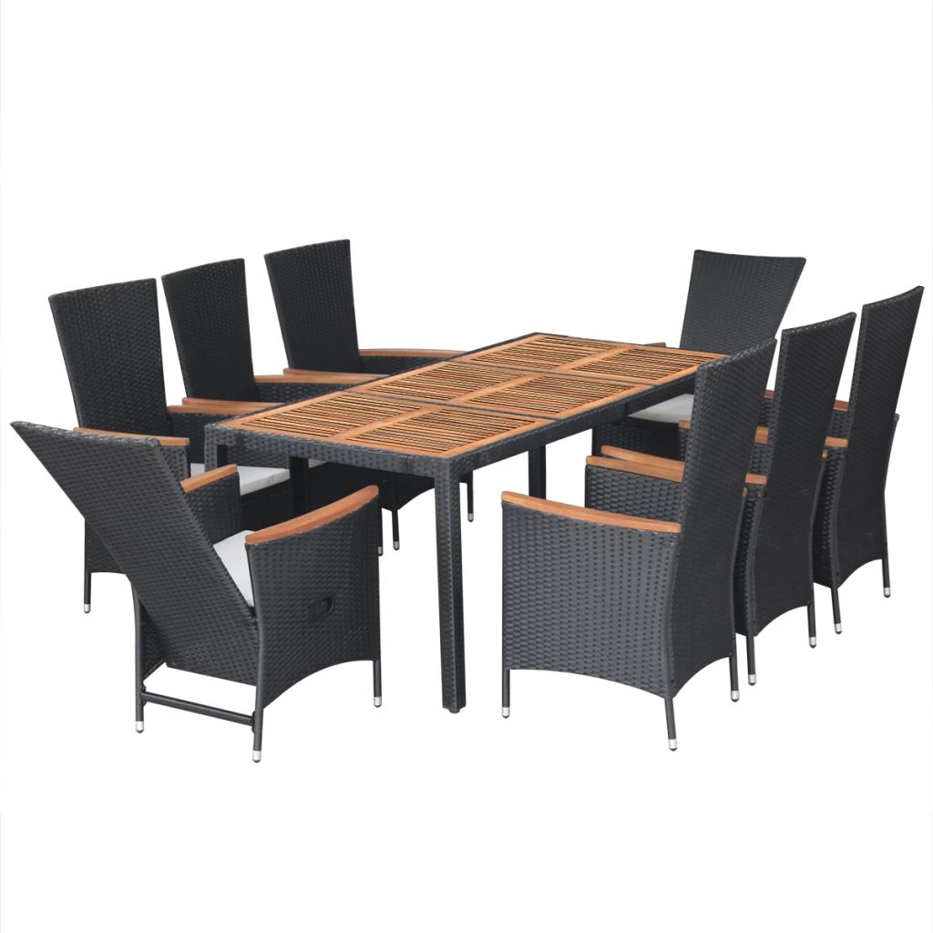 9 Piece Outdoor Dining Set Poly Rattan Acacia Wood Black