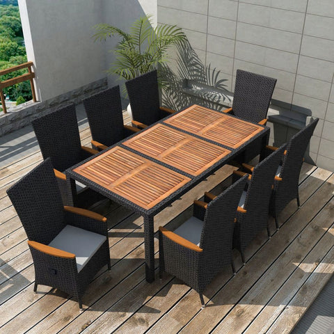 9 Piece Outdoor Dining Set Poly Rattan Acacia Wood Black