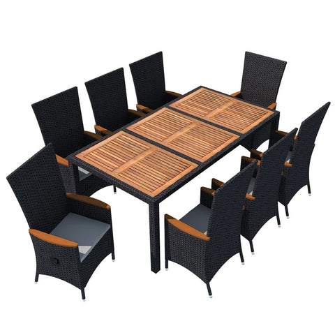 9 Piece Outdoor Dining Set Poly Rattan Acacia Wood Black