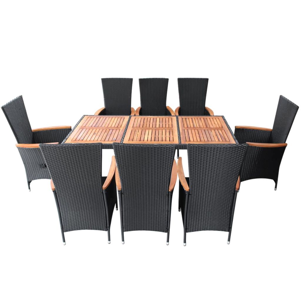 9 Piece Outdoor Dining Set Poly Rattan Acacia Wood Black