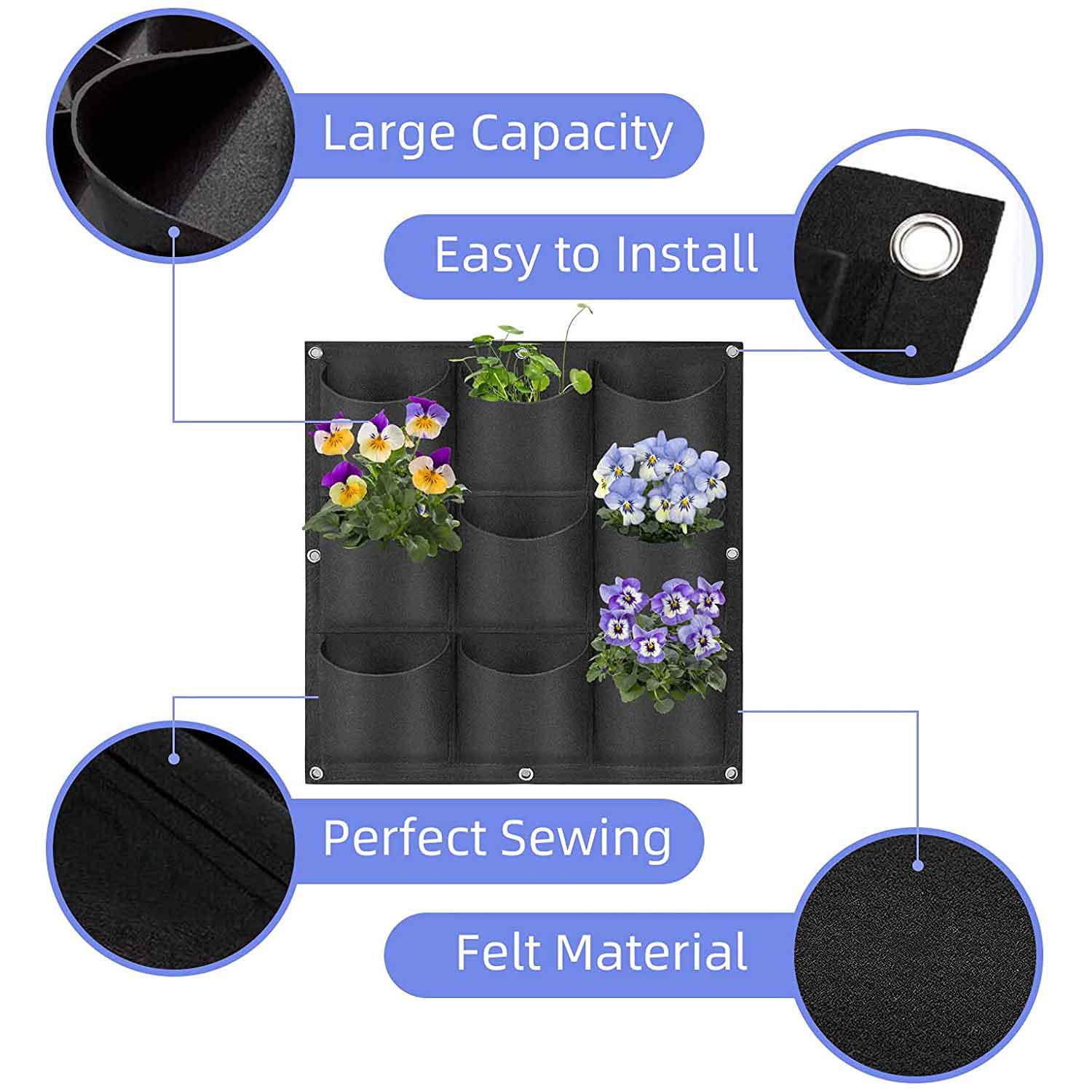 9 Pockets Wall Hanging Planter Grow Bag Vertical Garden Flower Black