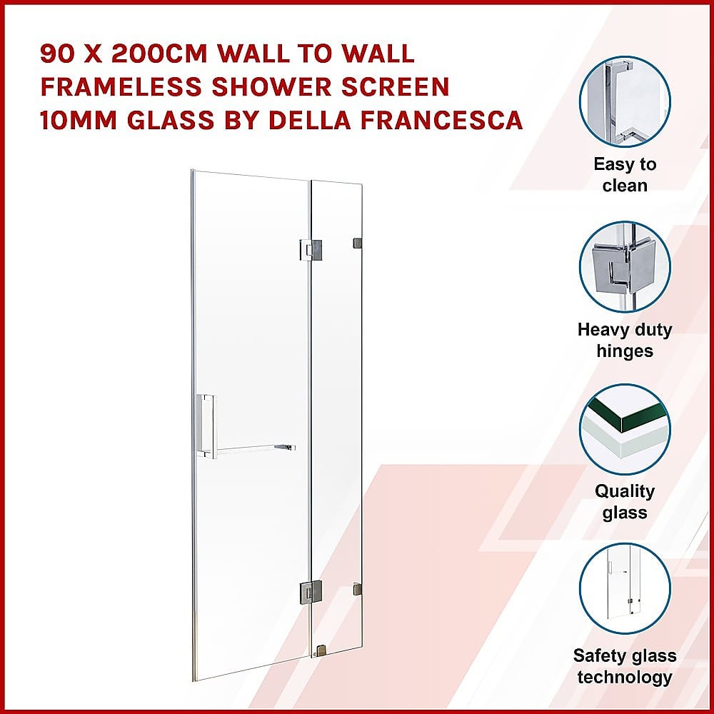 90 x 200cm Wall to Wall Frameless Shower Screen-Black/Chrome