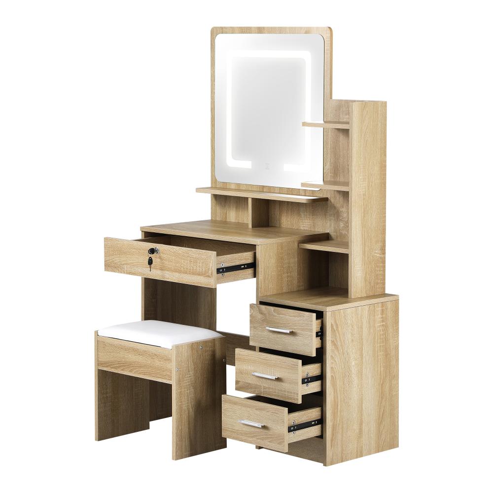 Dressing Table Stool Set Mirror LED Light Storage Cabinet Oak/White