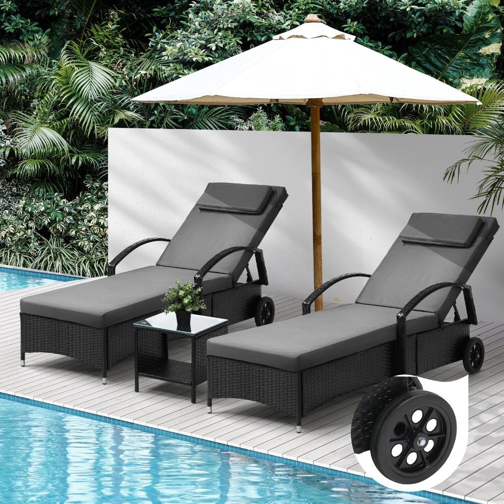 2x Wheeled Sun Lounger Day Bed & Table Outdoor Setting Patio