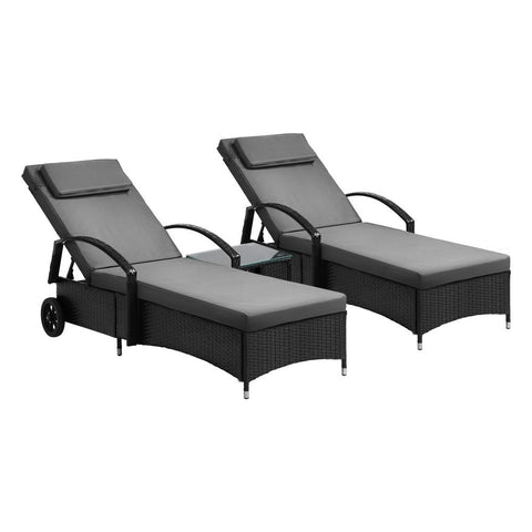 2x Wheeled Sun Lounger Day Bed & Table Outdoor Setting Patio