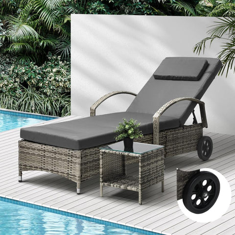Sun Lounger Wheeled Day Bed with Table Set Outdoor Patio