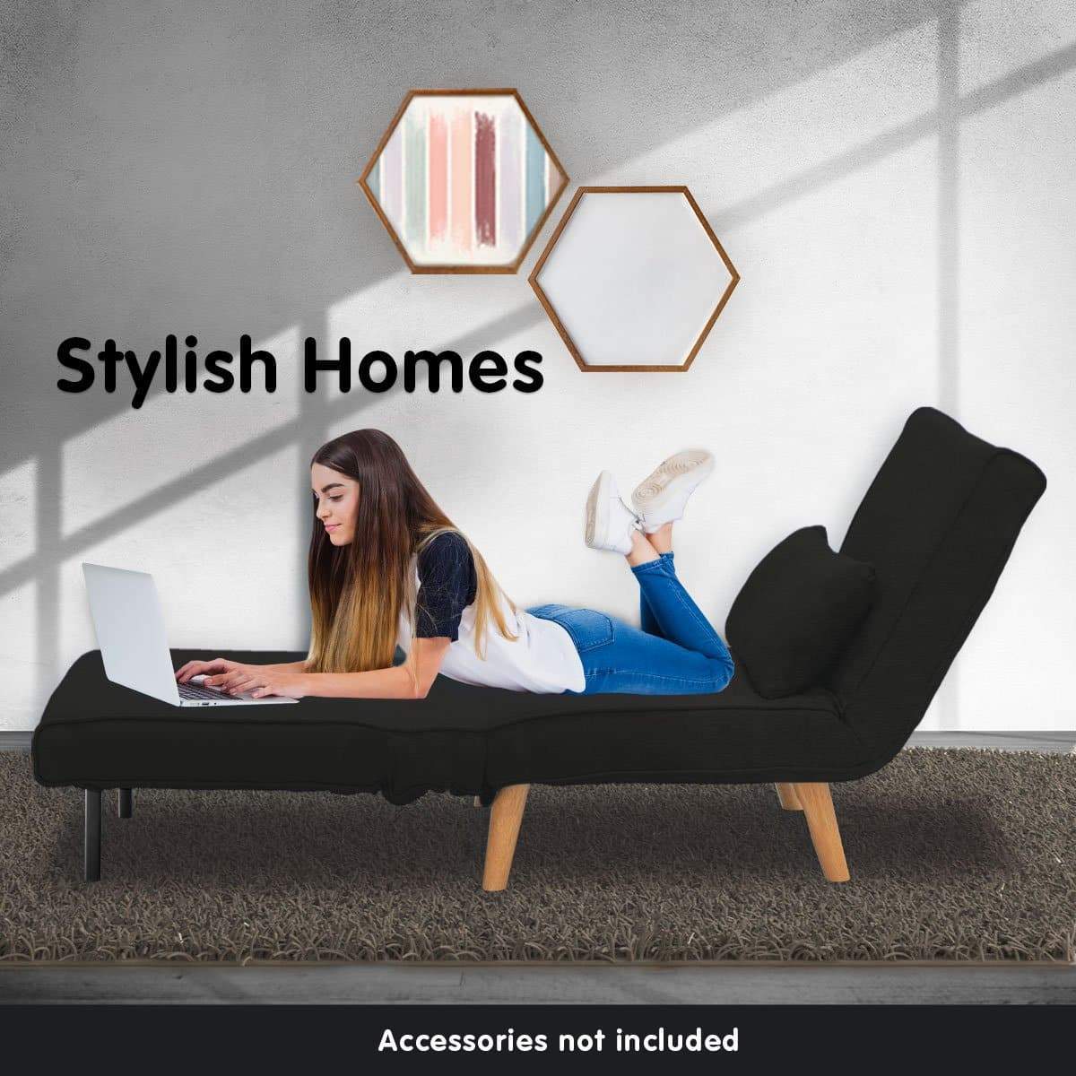 Adjustable Corner Sofa Bed Single Seater Lounge Faux Velvet - Black