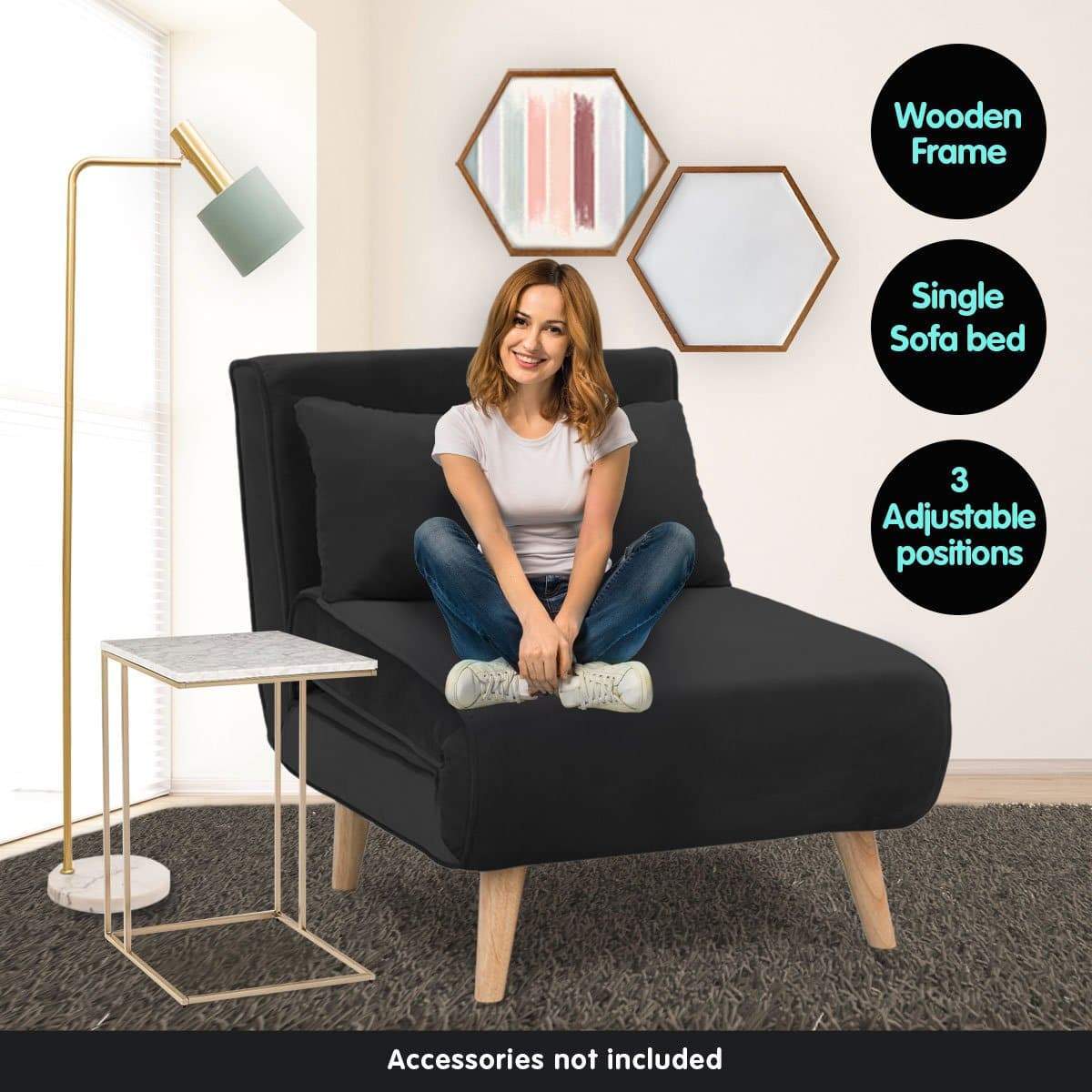 Adjustable Corner Sofa Bed Single Seater Lounge Faux Velvet - Black