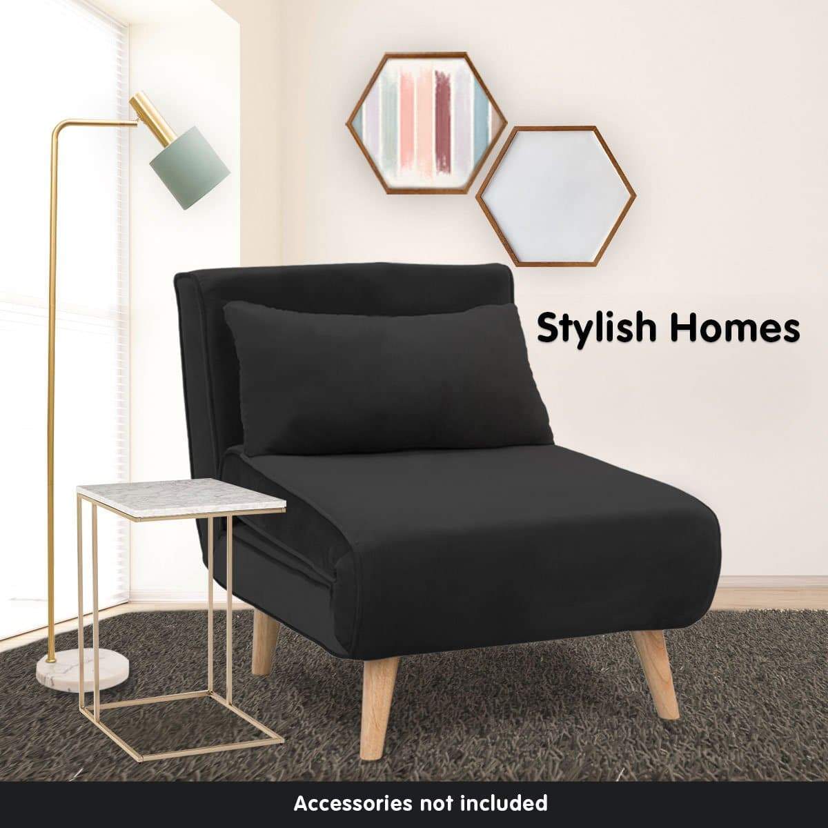 Adjustable Corner Sofa Bed Single Seater Lounge Faux Velvet - Black