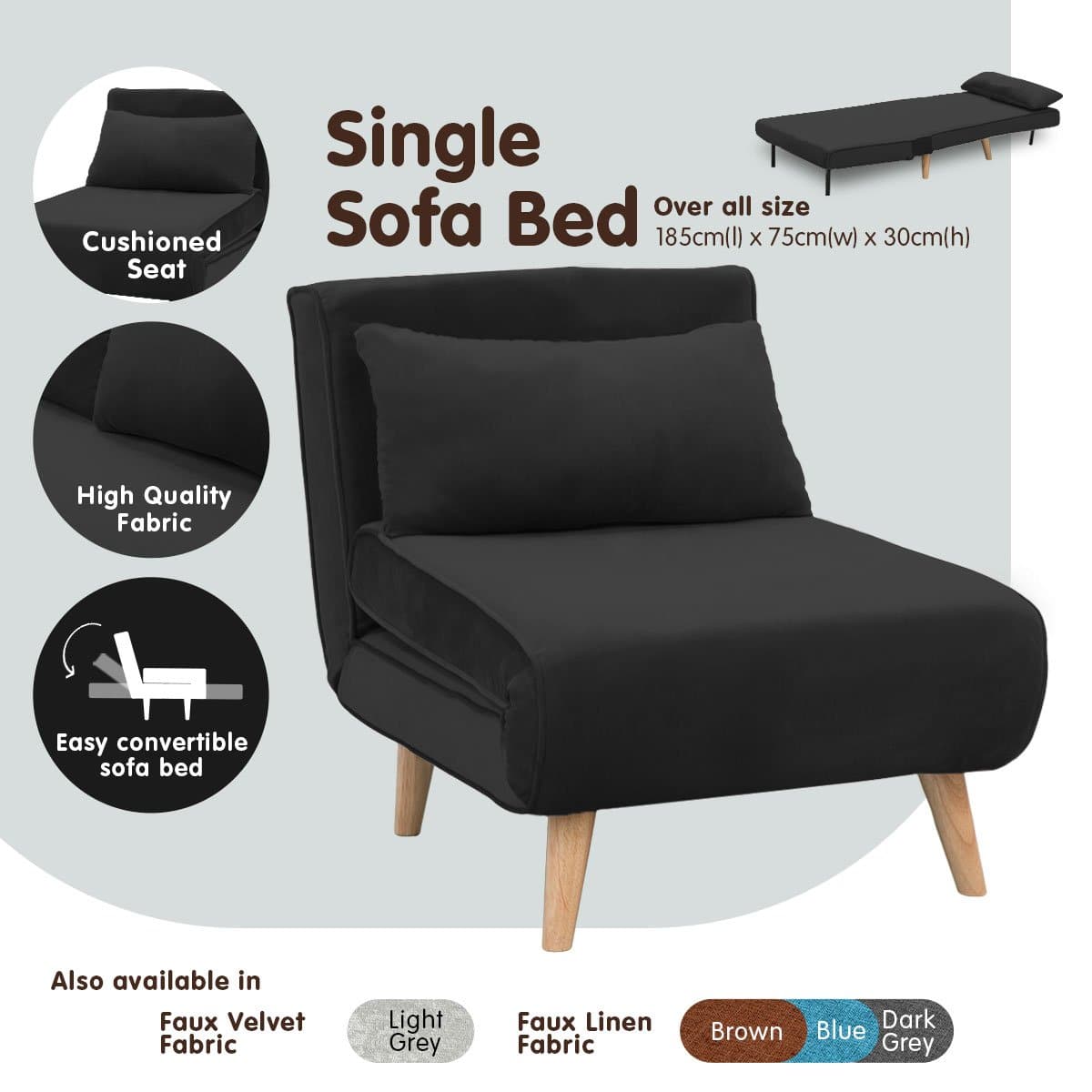 Adjustable Corner Sofa Bed Single Seater Lounge Faux Velvet - Black