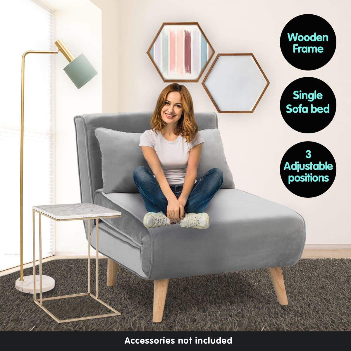 Adjustable Corner Sofa Bed Single Seater Lounge Faux Velvet Light Grey