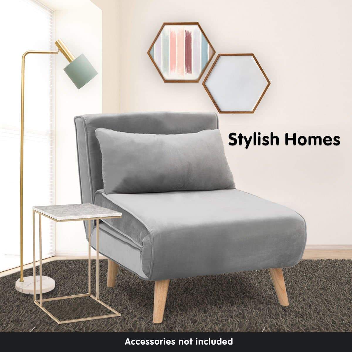 Adjustable Corner Sofa Bed Single Seater Lounge Faux Velvet Light Grey