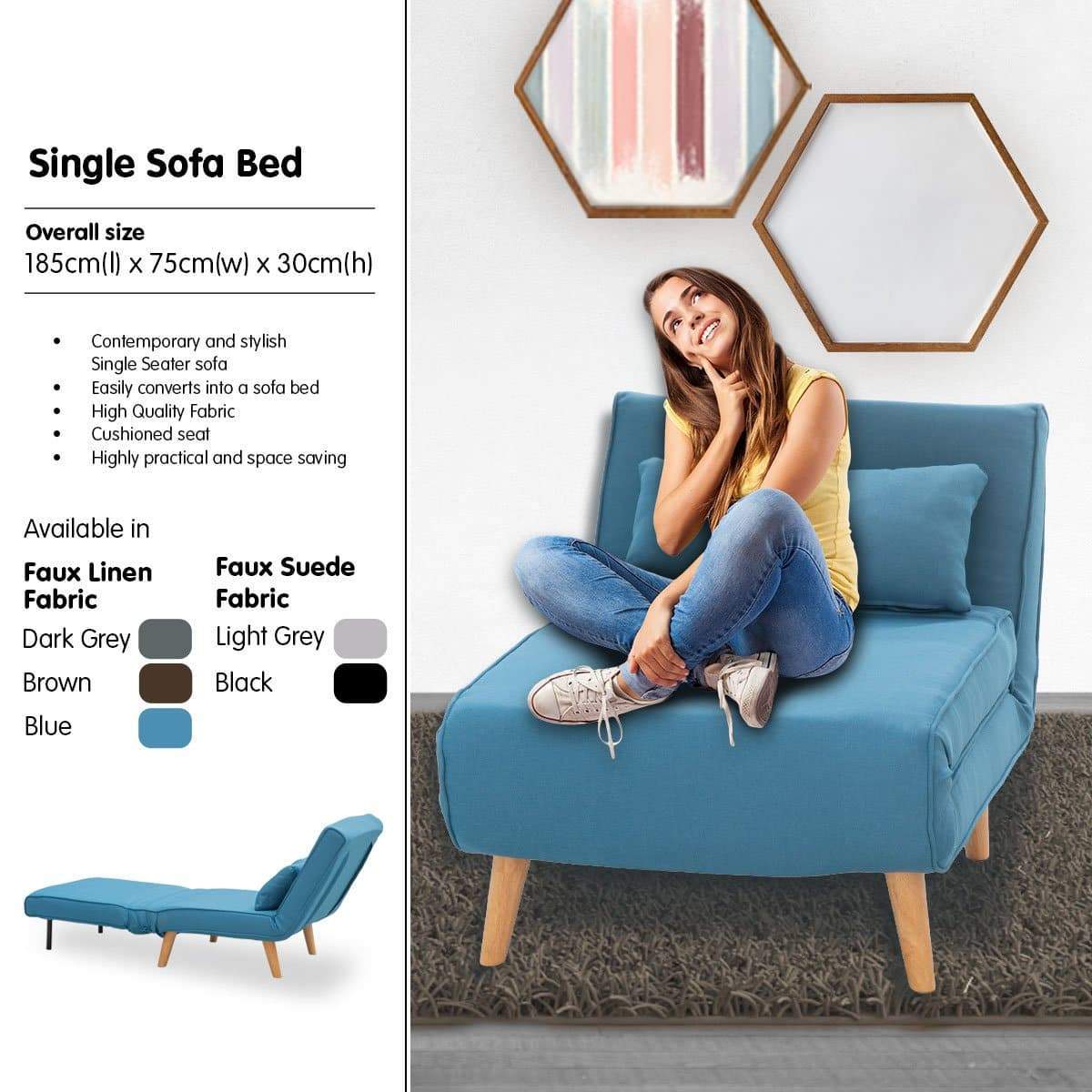 Adjustable Corner Sofa Single Seater Lounge Linen Bed Seat - Blue