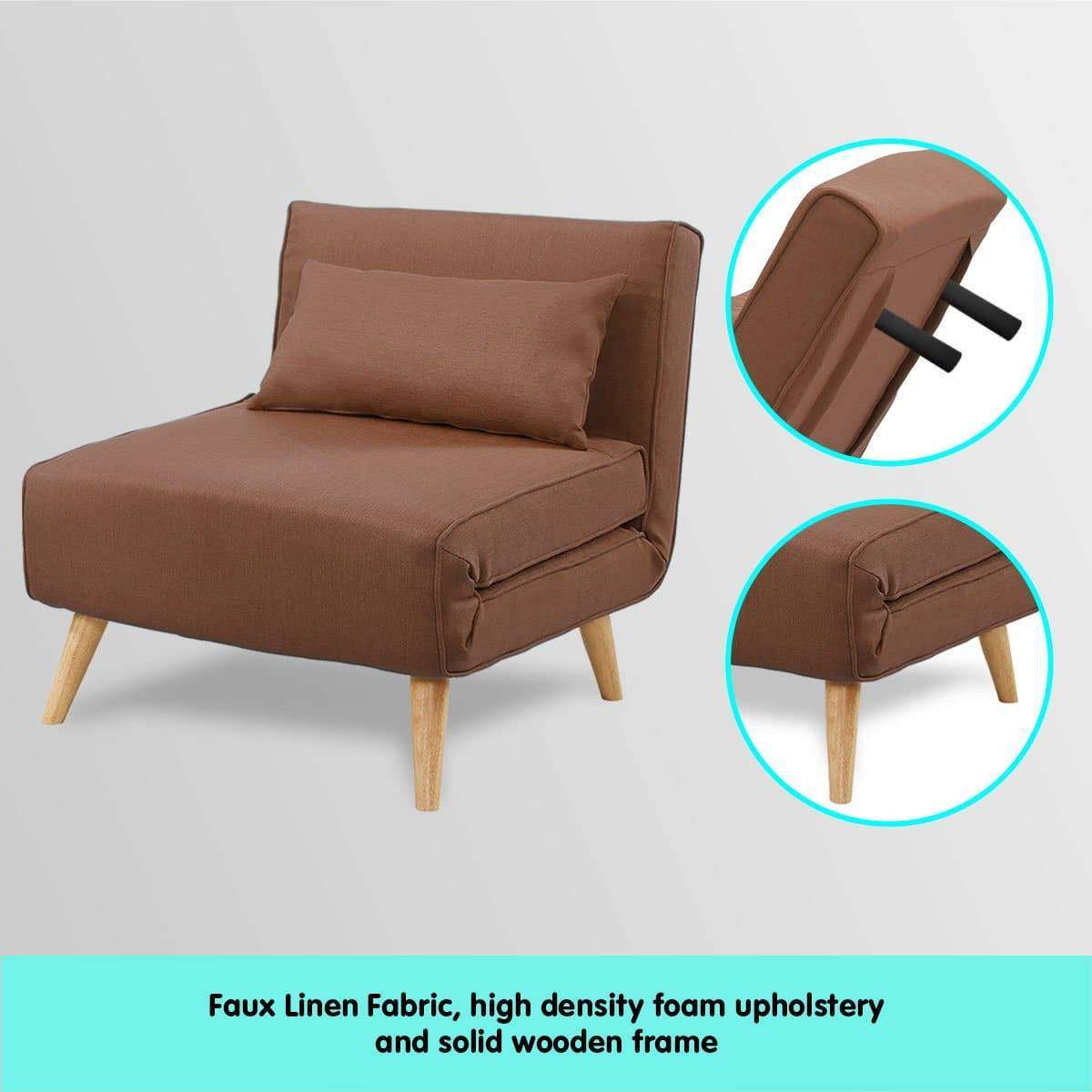 Adjustable Corner Sofa Single Seater Lounge Linen Bed Seat - Brown