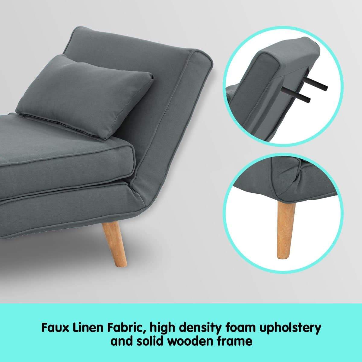 Adjustable Corner Sofa Single Seater Lounge Linen Bed Seat - Dark Grey