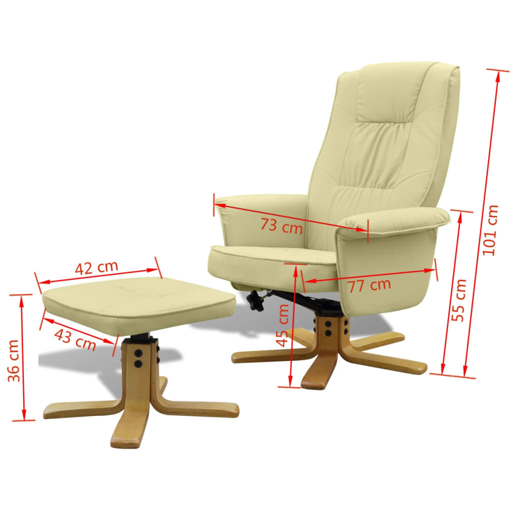 Armchair with Footrest Cream White Leather