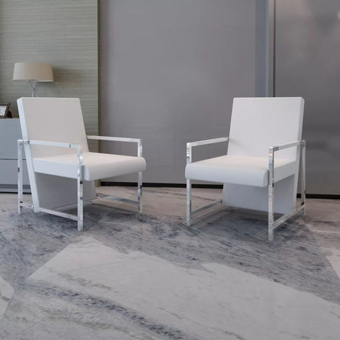 Armchairs 2 pcs with Chrome Frame White Leather