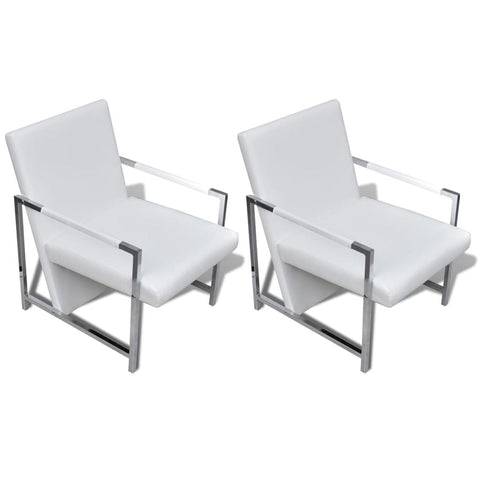 Armchairs 2 pcs with Chrome Frame White Leather