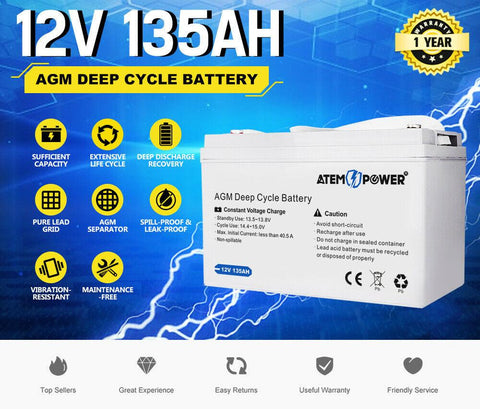 ATEM POWER 135Ah 12V AGM Deep Cycle Battery Portable 4WD Sealed Marine Solar SLA