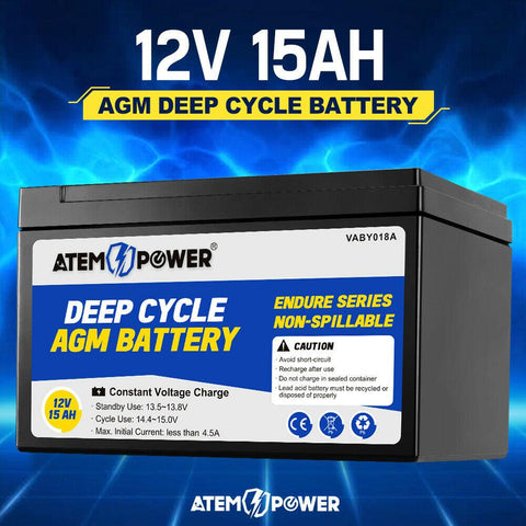 ATEM POWER 15AH 12V AGM Battery Deep Cycle Camping Marine 4WD Solar SLA Lead