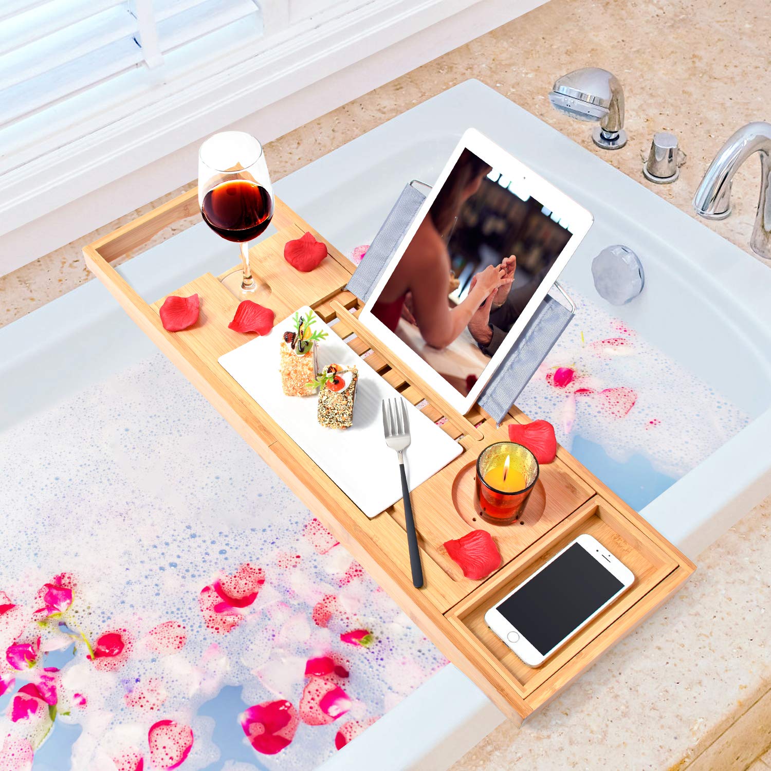 Bamboo Bathtub Bath Tub Tray Table Caddy Tray,Book,Tray Wineglass Holder