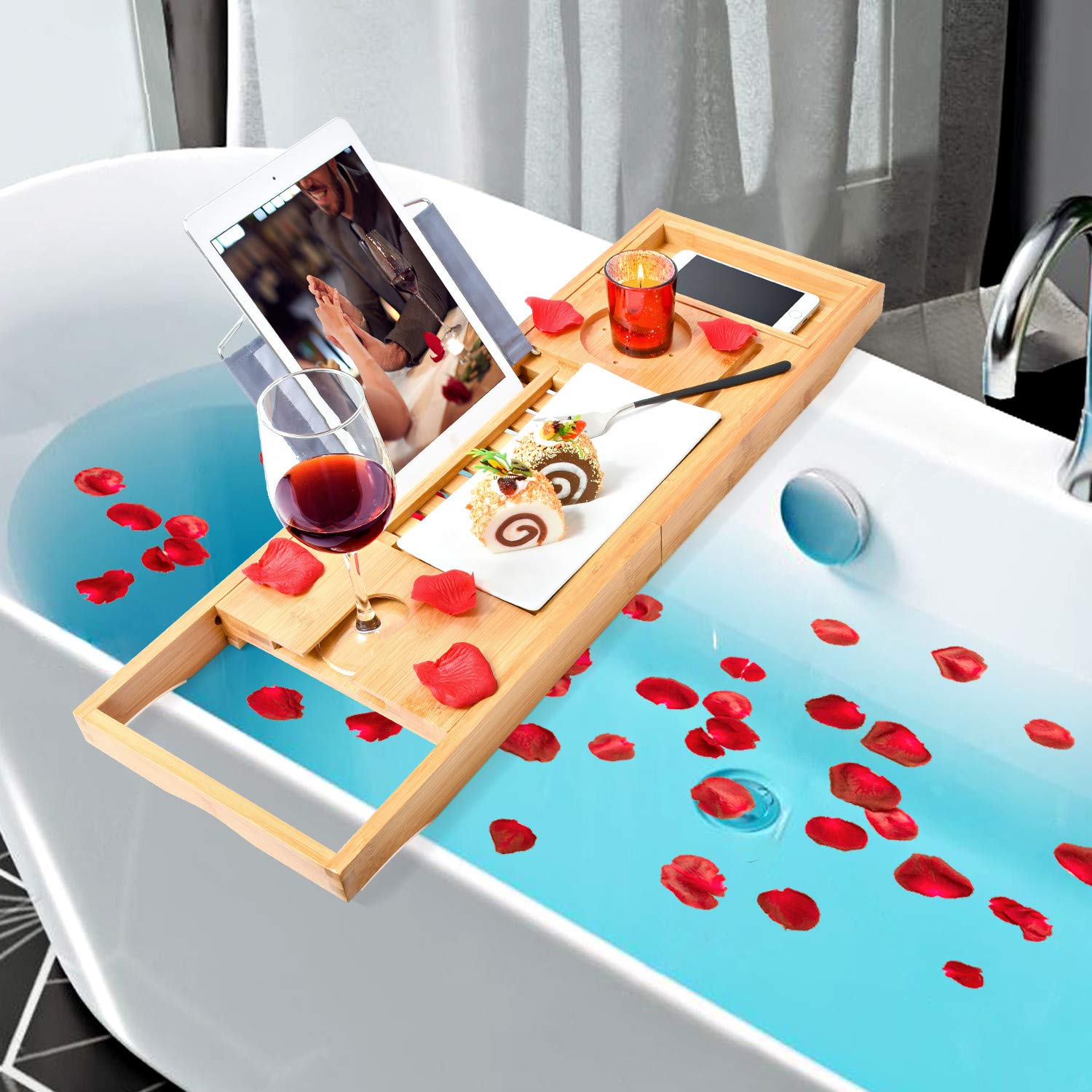 Bamboo Bathtub Bath Tub Tray Table Caddy Tray,Book,Tray Wineglass Holder
