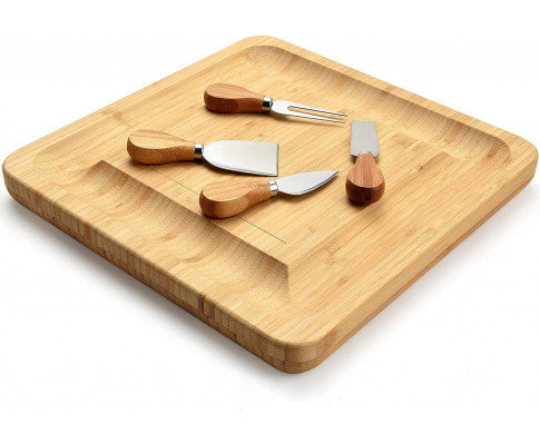 Bamboo Cheese Board Set with Cutlery in Slide