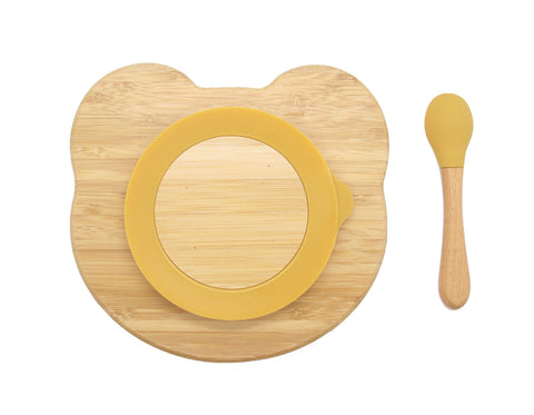 Bamboo Kids Teddy Plate With Suction Cap Base & Spoon