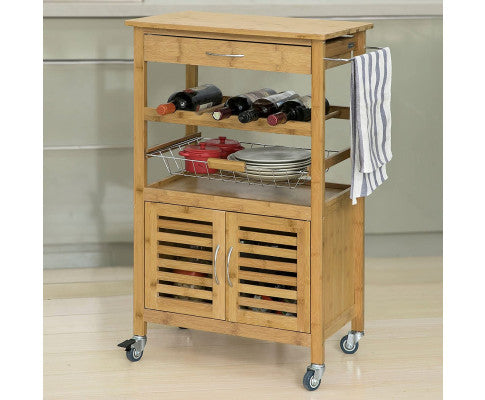 Bamboo Kitchen Storage Trolley with Wine Rack 1