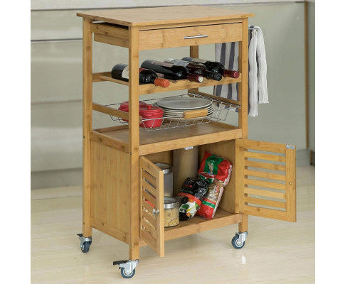 Bamboo Kitchen Storage Trolley with Wine Rack 1