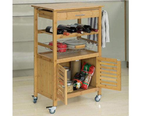 Bamboo Kitchen Storage Trolley with Wine Rack 1
