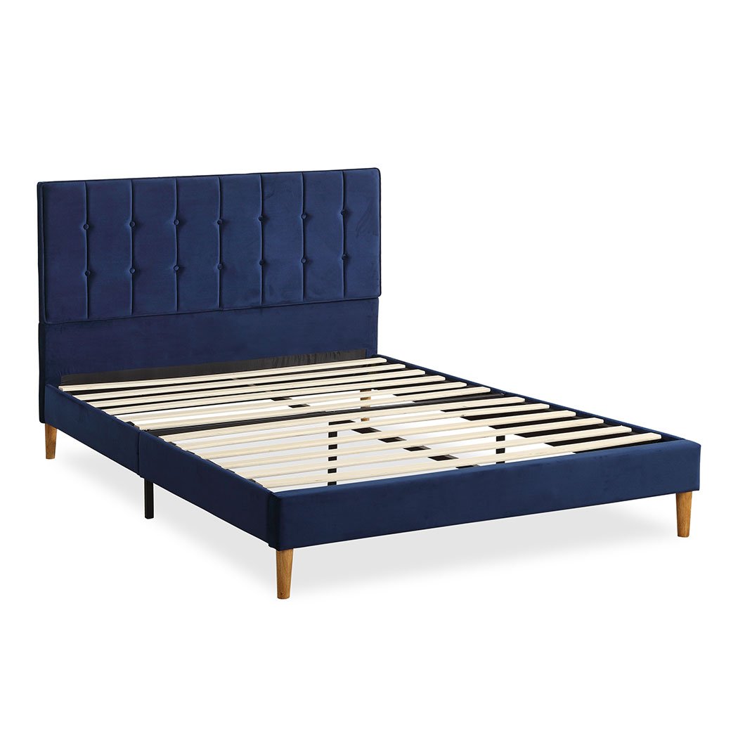 Bedroom Bed Frame Double Size Mattress Base Platform Wooden Velevt Headboard Blue