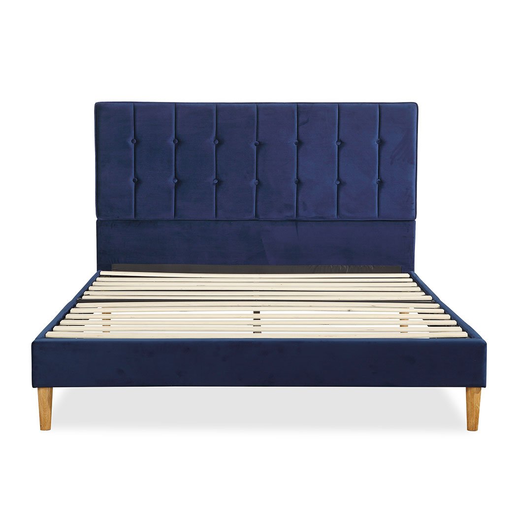 Bedroom Bed Frame Double Size Mattress Base Platform Wooden Velevt Headboard Blue