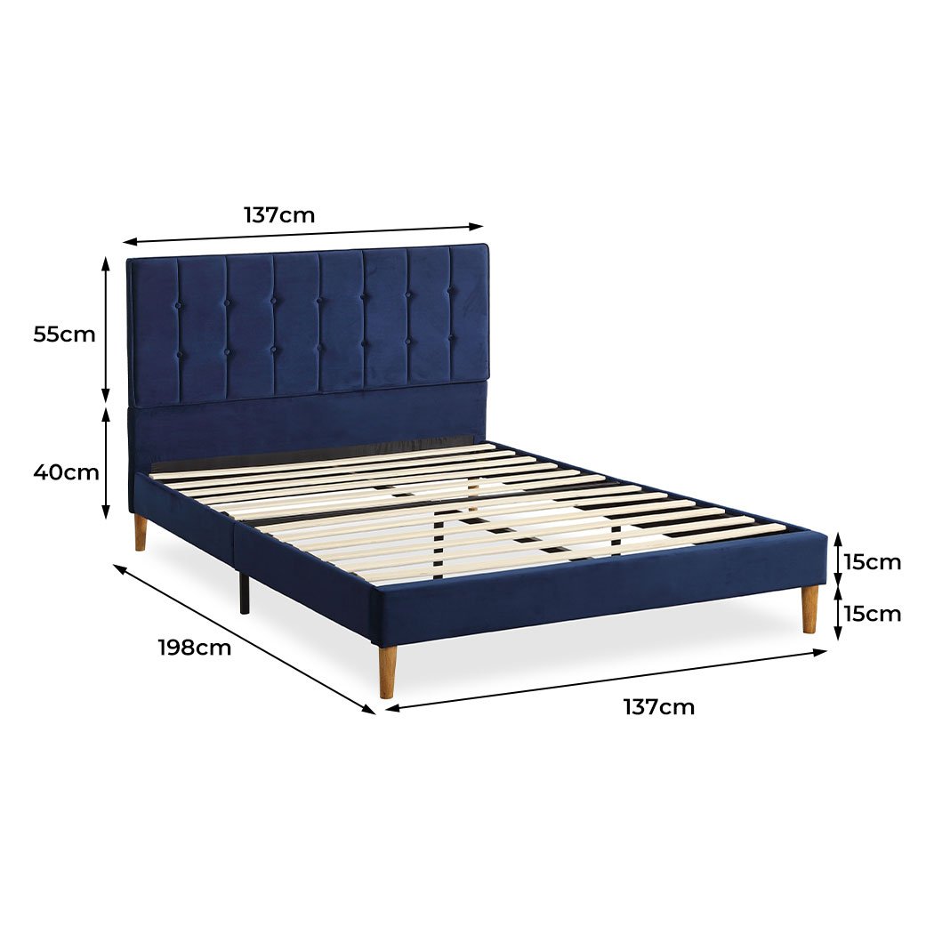 Bedroom Bed Frame Double Size Mattress Base Platform Wooden Velevt Headboard Blue