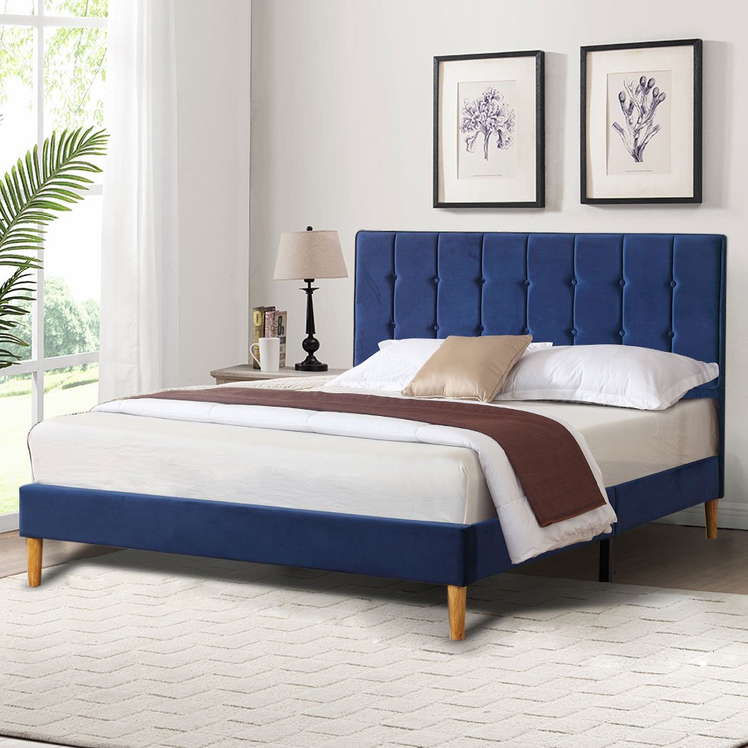 Bedroom Bed Frame Double Size Mattress Base Platform Wooden Velevt Headboard Blue