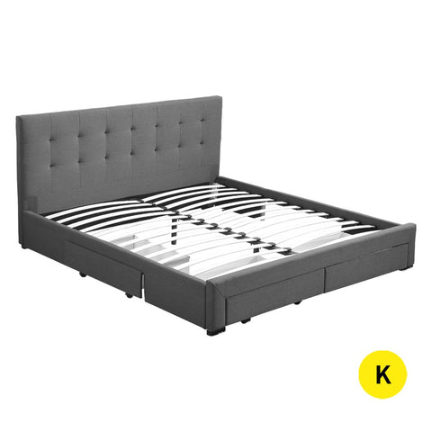 Bed Frame King Fabric With Drawers Grey