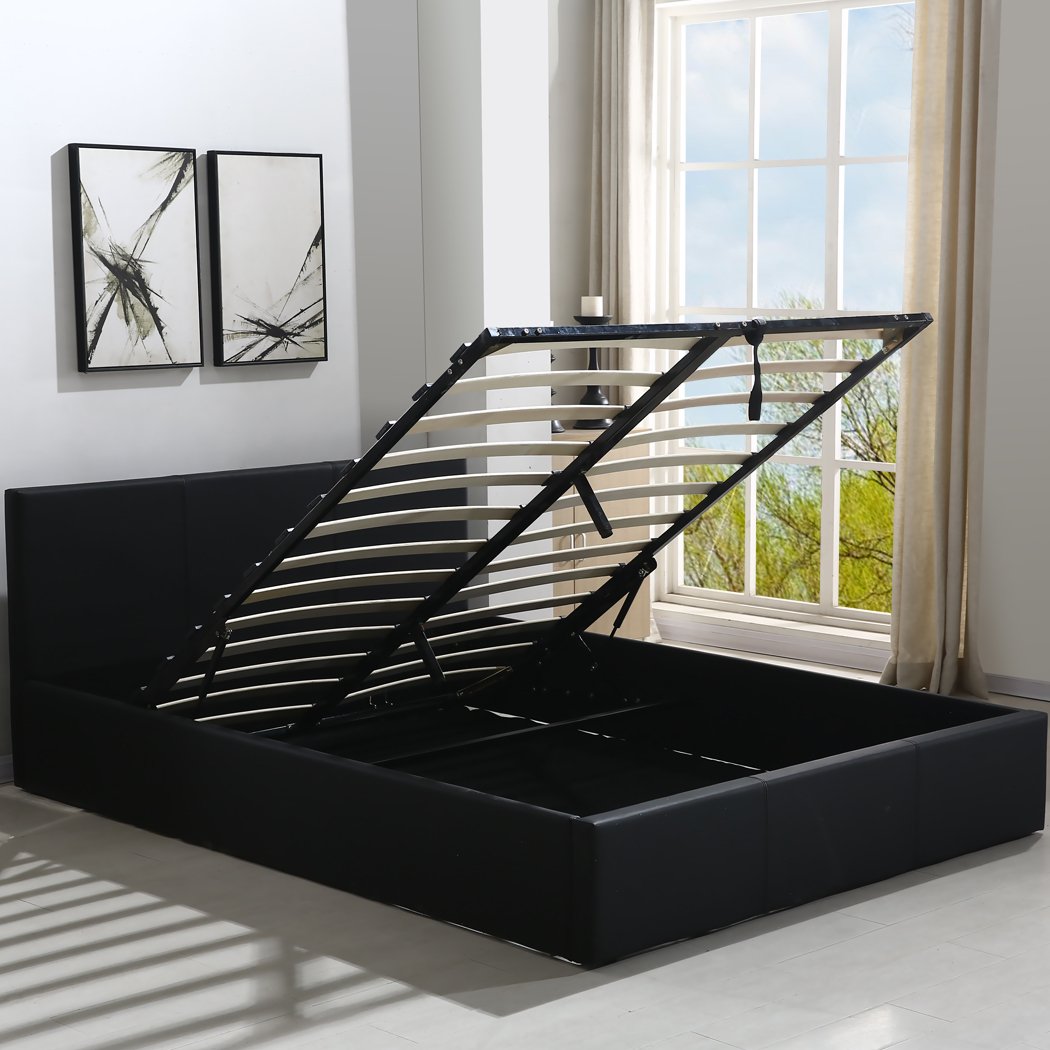bedroom Bed Frame Leather Base Mattress Storage Queen Size Black