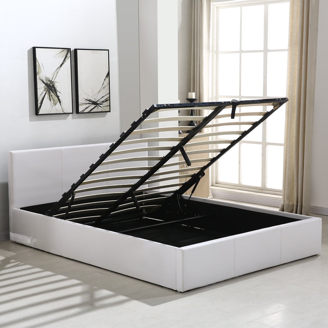 bedroom Bed Frame Premium Leather Base Mattress Storage Queen Size White