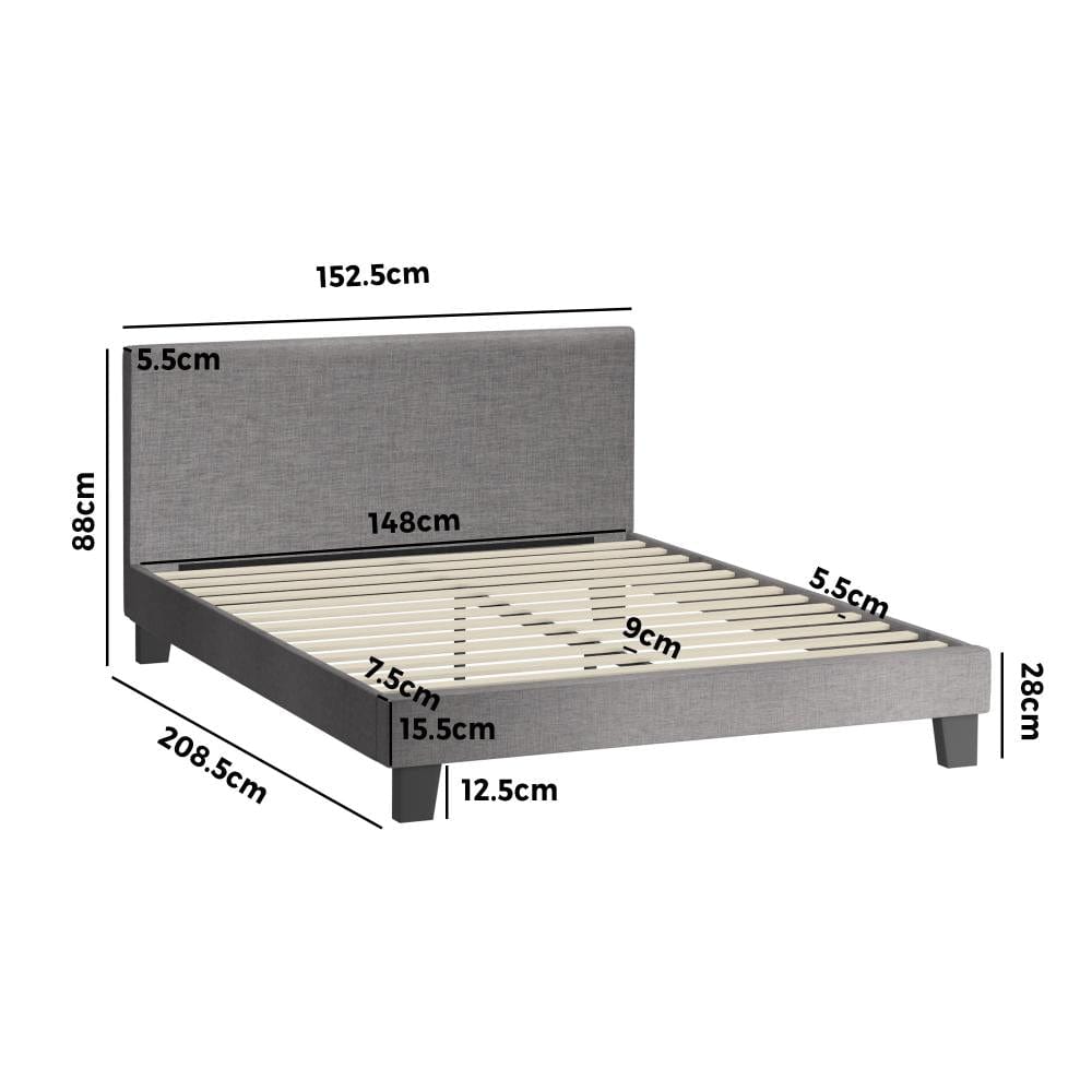 Bed Frame Queen/Double Size Mattress Base Platform Wooden Slats Grey Fabric
