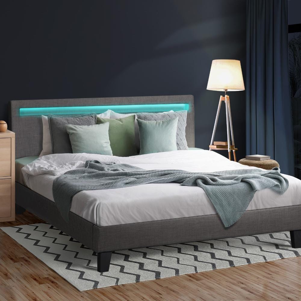 Bed Frame RGB LED Queen Size Mattress Base Platform Wood