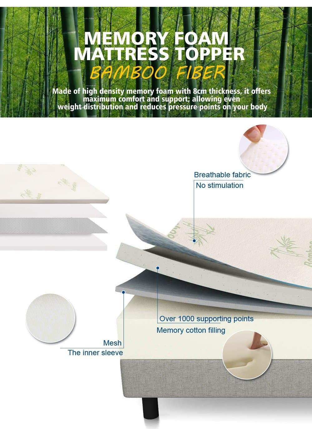 bedding Bed Mattress Topper Bamboo Cool Gel Cover Single 8Cm