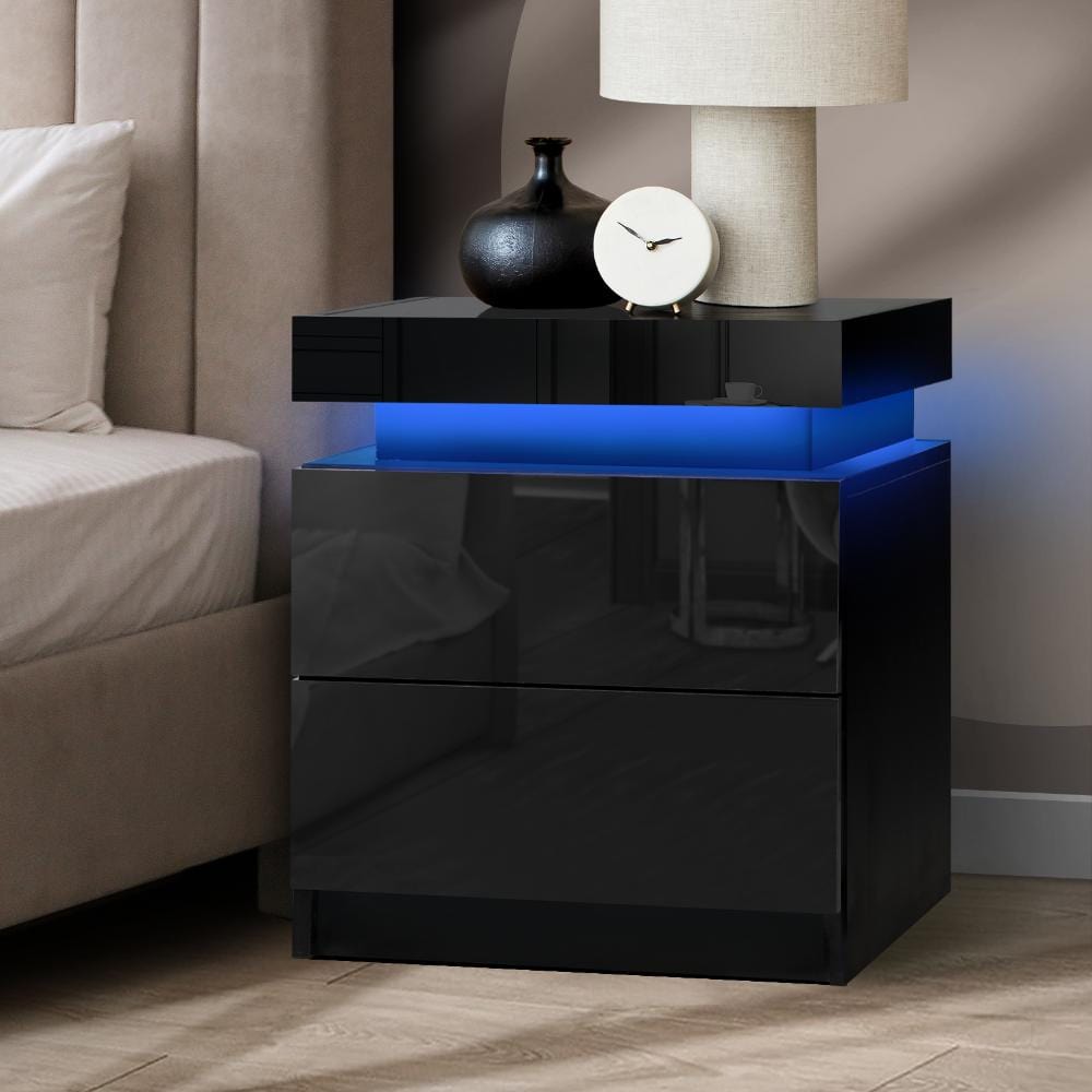 Bedside Table RGB LED Nightstand Cabinet 2 Drawers Side Table Furniture Black