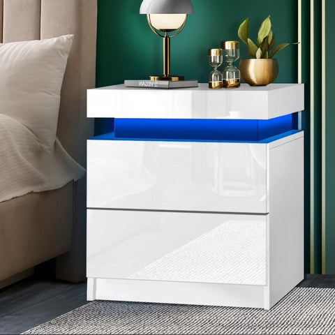 Bedside Table RGB LED Nightstand Cabinet 2 Drawers Side Table Furniture Black/White