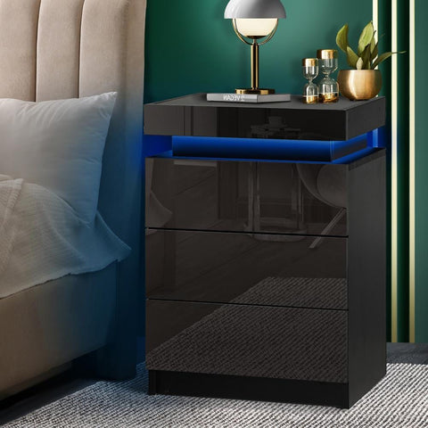 Bedside Table RGB LED Nightstand Cabinet 3 Drawers Side Table Furniture Black/White