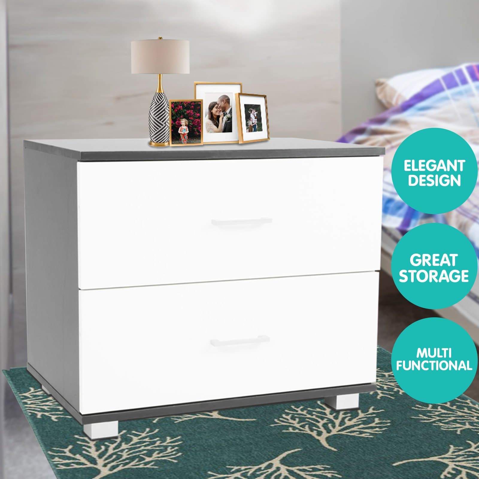 Bedside Table with Drawers MDF - Black White