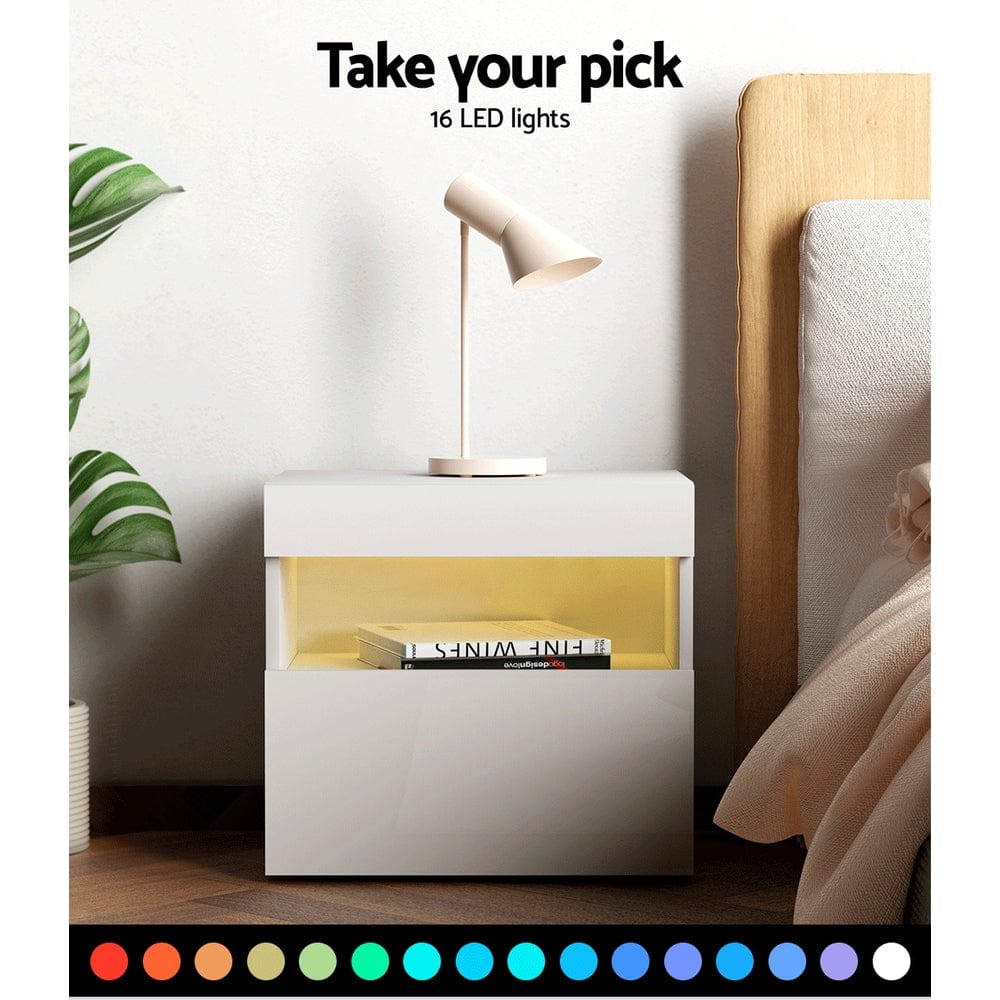Bedside Tables Drawers Side Table Rgb Led High Gloss Nightstand White