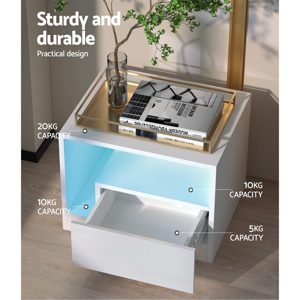 Bedside Tables Side Table Rgb Led Drawers High Gloss Nightstand White