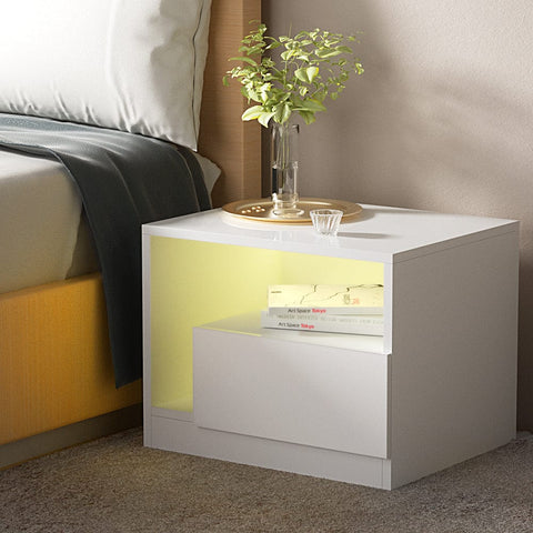 Bedside Tables Side Table Rgb Led Drawers High Gloss Nightstand White