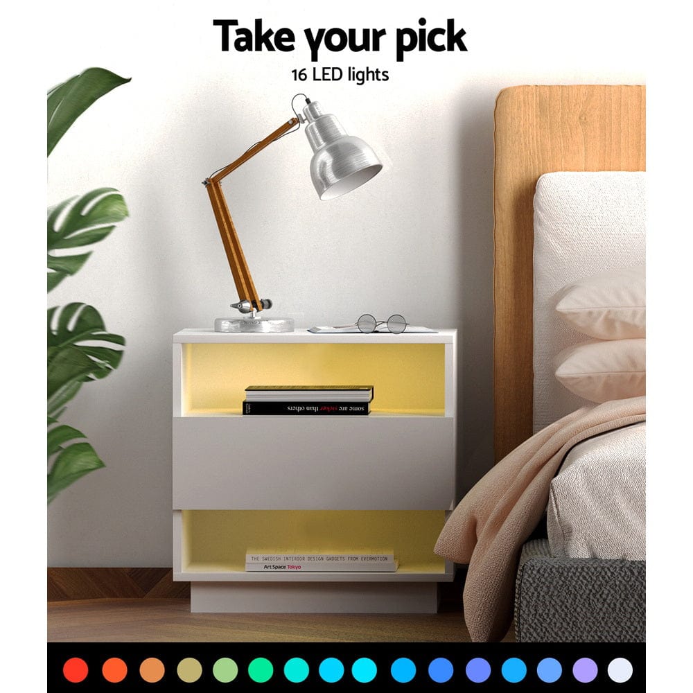 Bedside Tables Side Table Rgb Led Drawers Nightstand High Gloss White