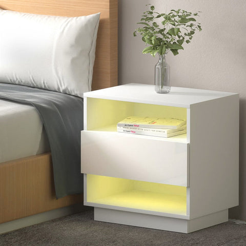 Bedside Tables Side Table Rgb Led Drawers Nightstand High Gloss White